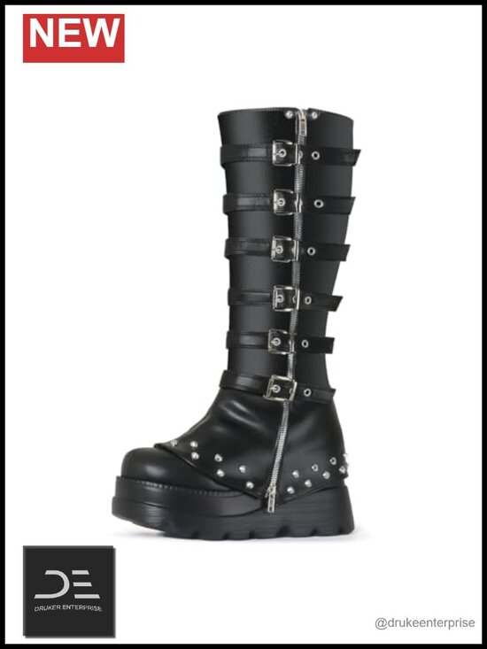 Shoes - Women's Knee High Goth Platform Wedge Boots Punk Harness Chunky Heels Cosplay